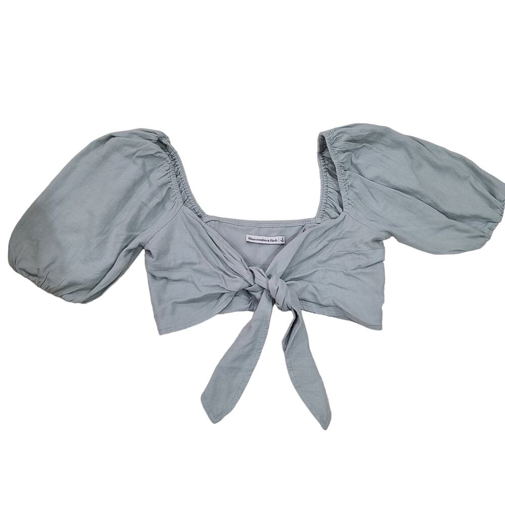 Abercrombie & Fitch Tie-Front Linen-Blend Puff Sleeve Top